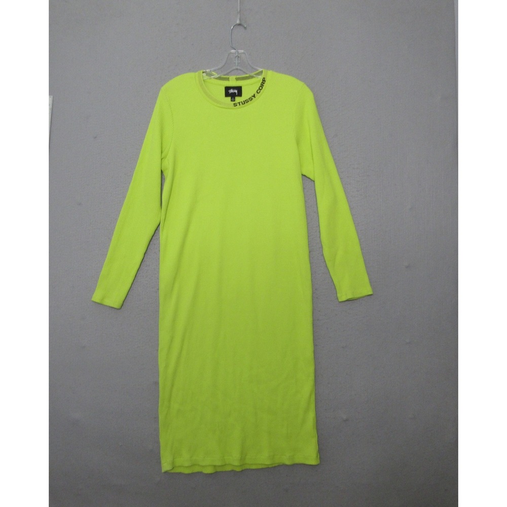 Stussy Dress L Neon Bright Logo Ribbed Long Sleeve Midi Streetwear Y2K 90s